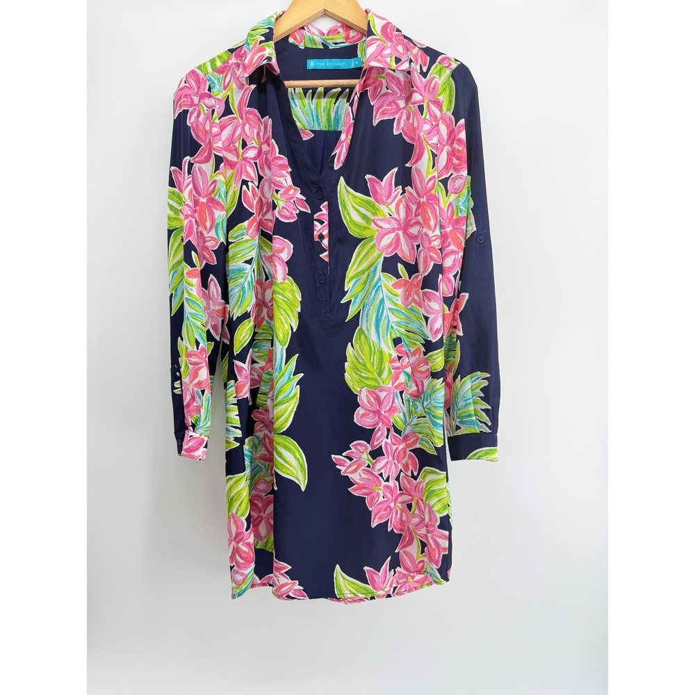 Tori Richard Womens Navy Pink Floral Tropical Tunic Top‎ Shirt 7303/0092 Size 6
